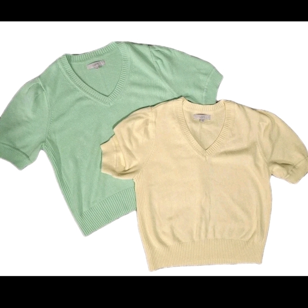 LOFT Cozy V-Neck Sweaters  Puff Short Sleeve Knit Lot Of 2